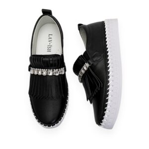 Black Fringe Detail Leather Loafer