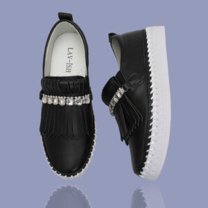Black Fringe Detail Leather Loafer