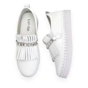 White Fringe Detail Leather Loafer
