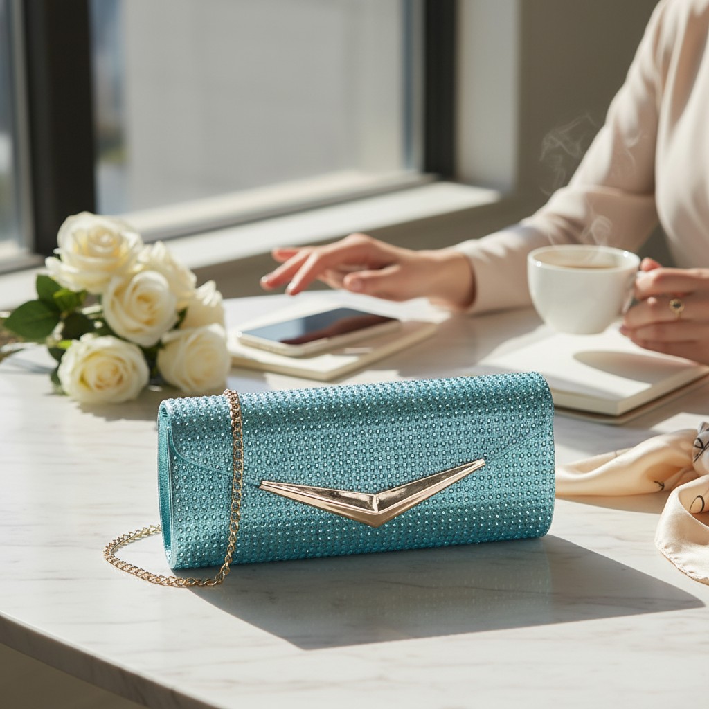 Aqua Satin Glitter Clutch - Image 3