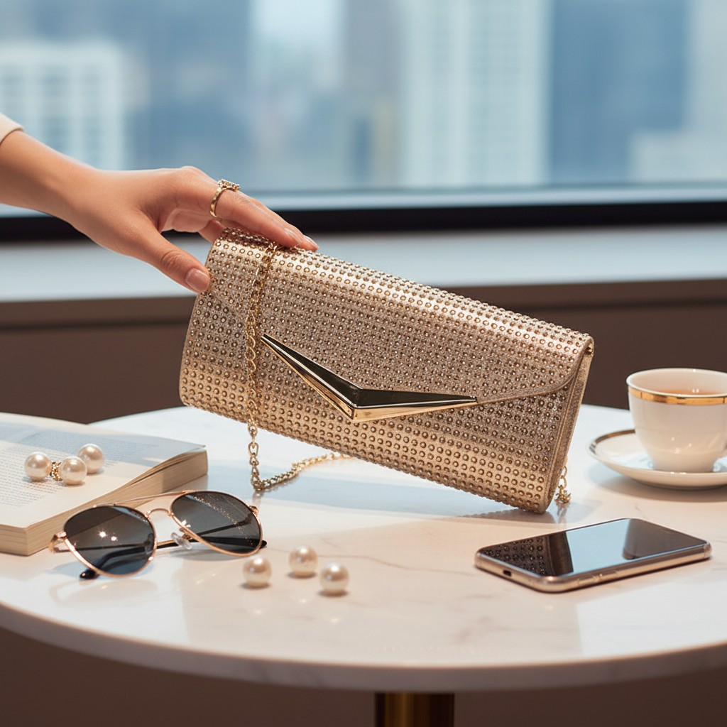 Gold Satin Glitter Clutch - Image 3