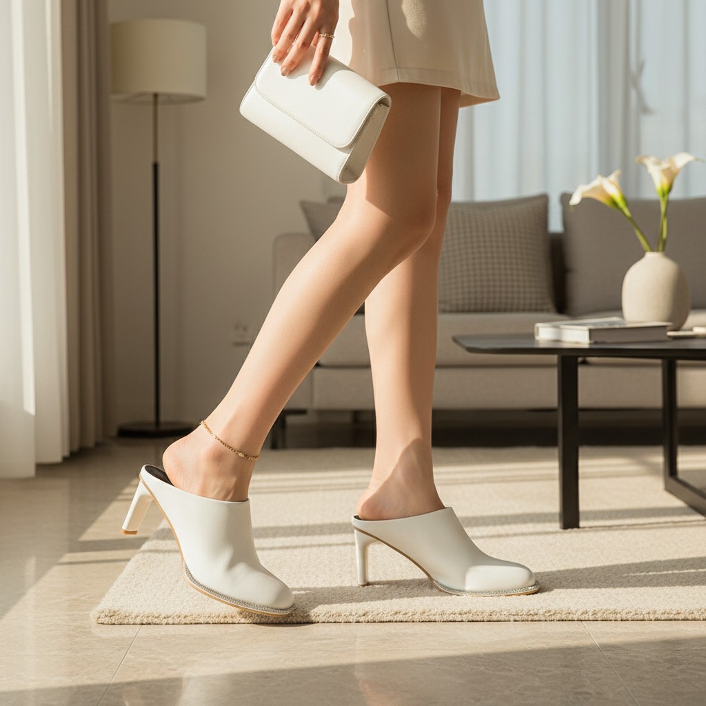 Crystal Sole Leather Mules White - Image 3