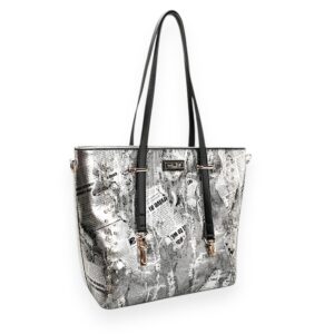 Silver Newspaper Print PU Leather Tote
