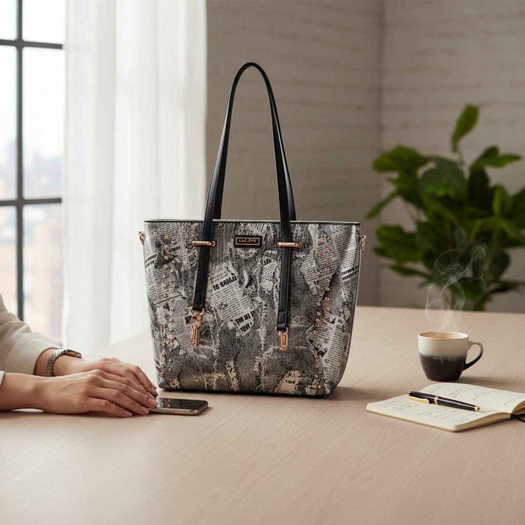 Silver Newspaper Print PU Tote - Image 3