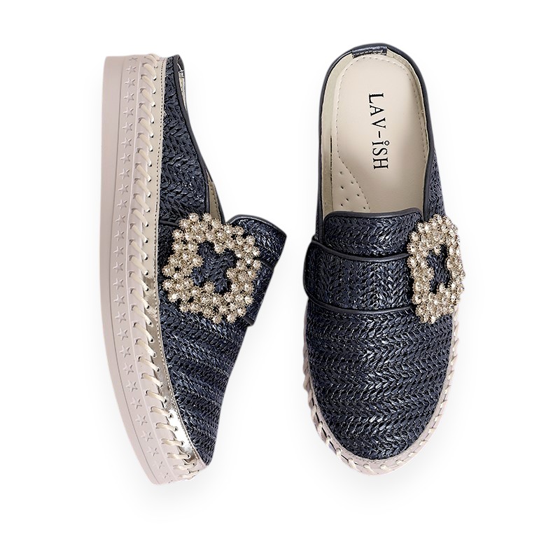 Navy Luna Linen Slides