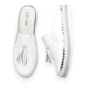 Leather Slides with Tassel White