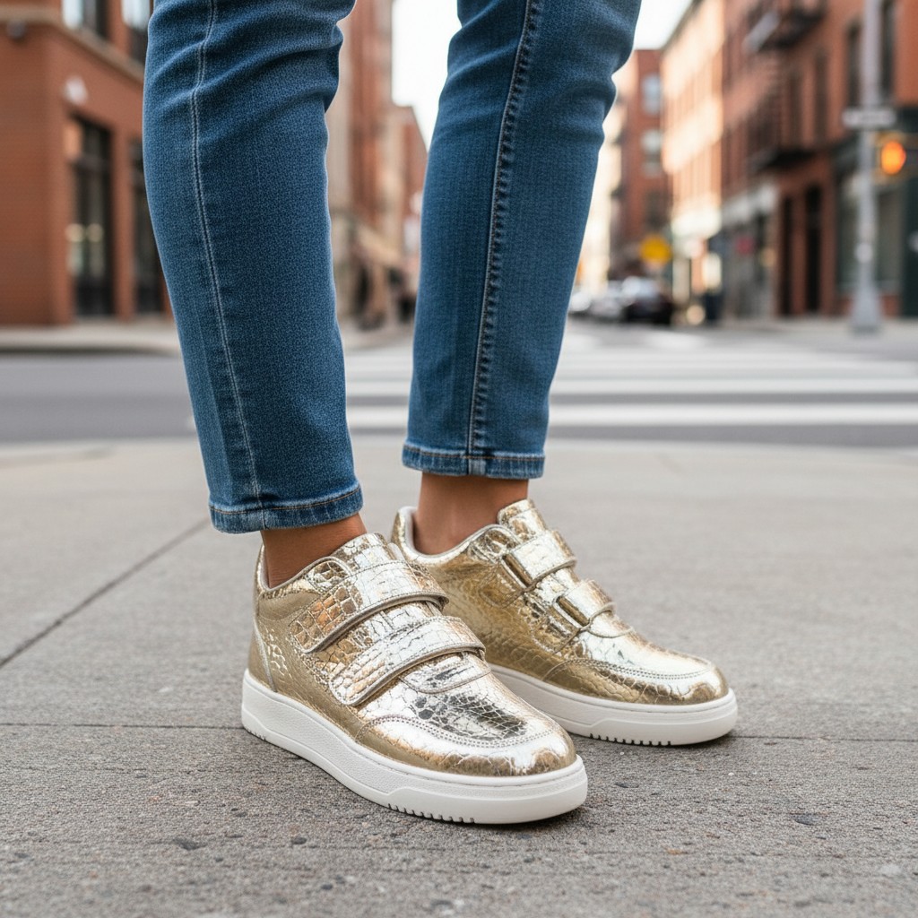 Gold Croc Print PU Velcro Sneakers - Image 3