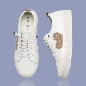 White/Rose Gold Embellished Heart Sneakers