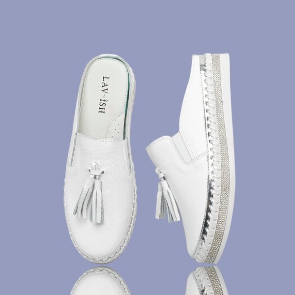 Leather Slides with Tassel White