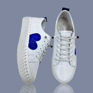 White/Blue Heart Embellished Leather Sneakers