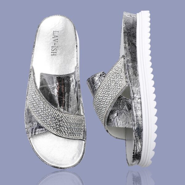 Silver Newspaper Print Sandals