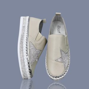 Leather Crystal Star Sneakers Beige