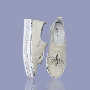 Leather Sneakers with Tassels Beige