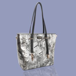Silver Newspaper Print PU Leather Tote