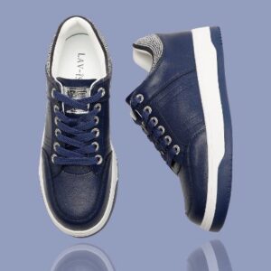 Navy Casual Leather Bling Heel Runner