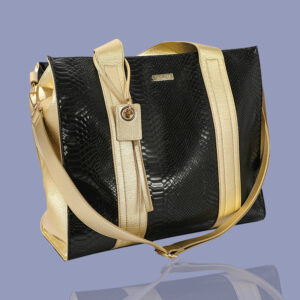 Black Luxe Croc Printed and Gold Metallic Straps Tote