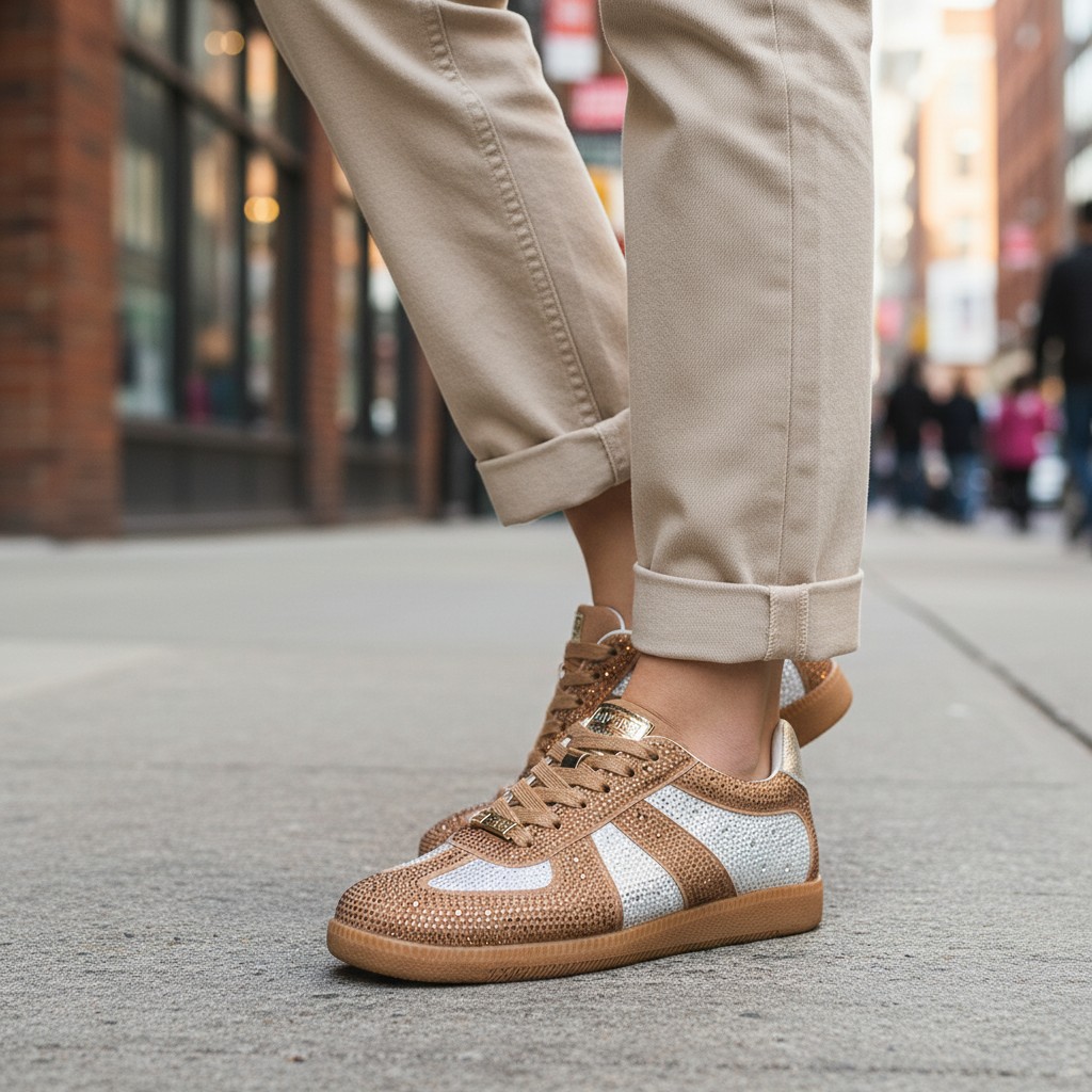 Tan Bedazzle Velvet Sneaker - Image 3